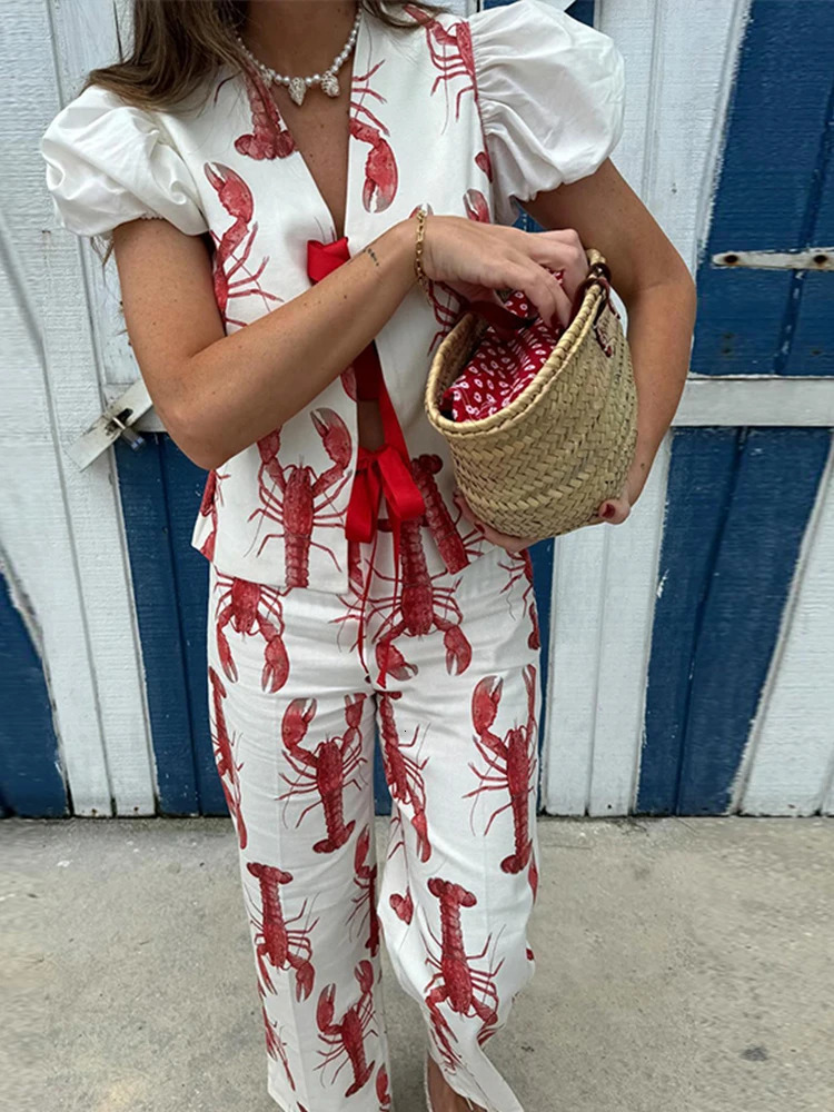 Printed Lobster Women Shirts Suits Lace Up Short Sleeve Top High Waist Wide Leg Pant Set Summer Street Print Lady Outfits 240504