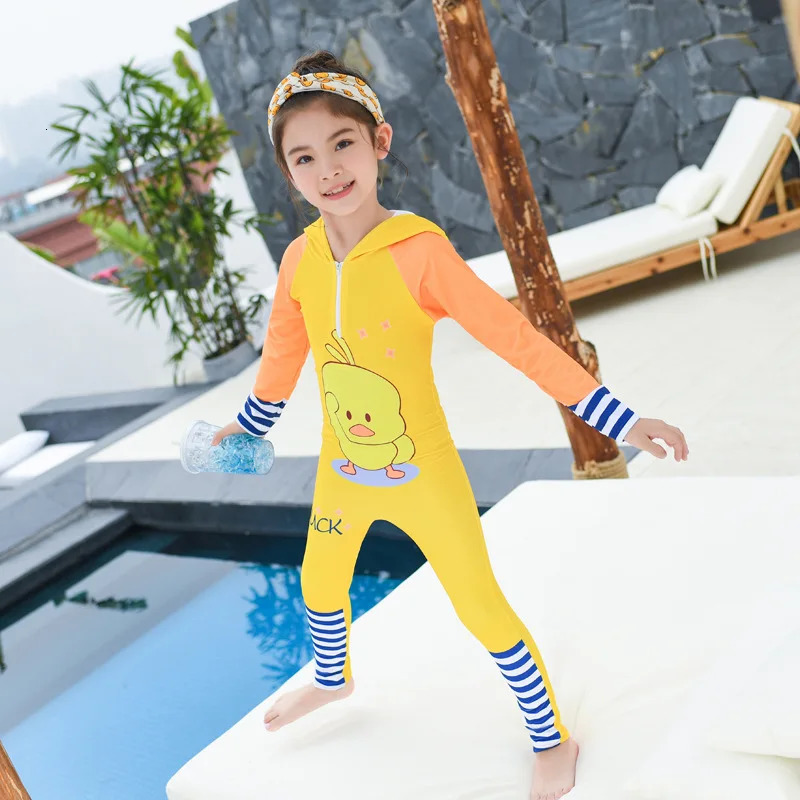 UPF 50 Full Rash Guard for Kids with Hood Long Sleeve Cartoon Print One Piece Swimsuit Children Beach Surf Suit Boys Girls 240430
