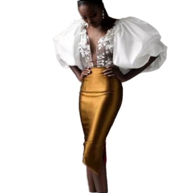 2024 Aso Ebi Short Sheath Prom Dresses Knee Length White And Gold Sexy Evening Gowns For Black Girls Puffy Sleeves Lace Appliques Special Occasion Dre