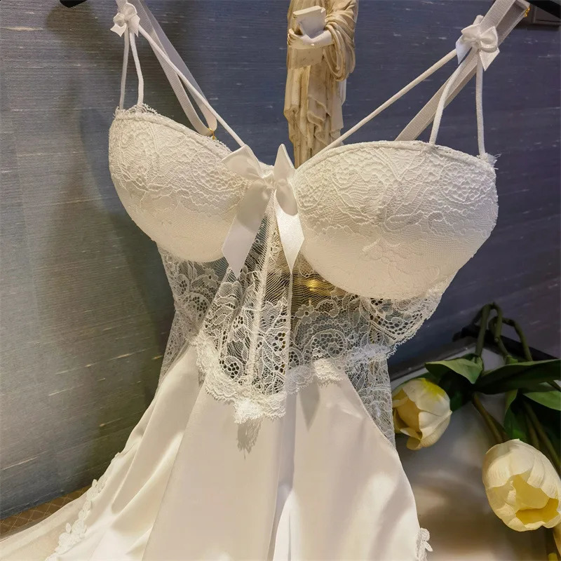 Sexy Chemistry Nightown Summer Womens Pajamas Evening Dress Terrace Lace Hollow Hanging Evening Dress Silk Satin Home Fury 240425