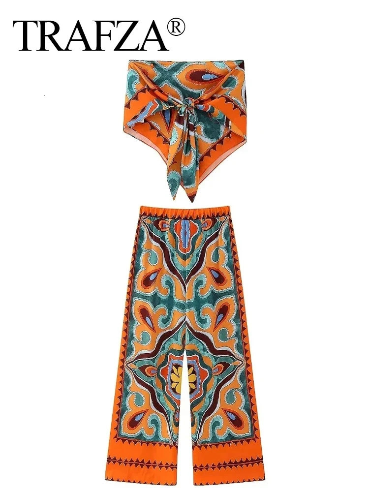 TRAFZA Women Pants Set Vintage Print Back Bow Tie Strapless Bustier Tops Drawstring Trousers Female Chic Streetwear Pant Suits 240419