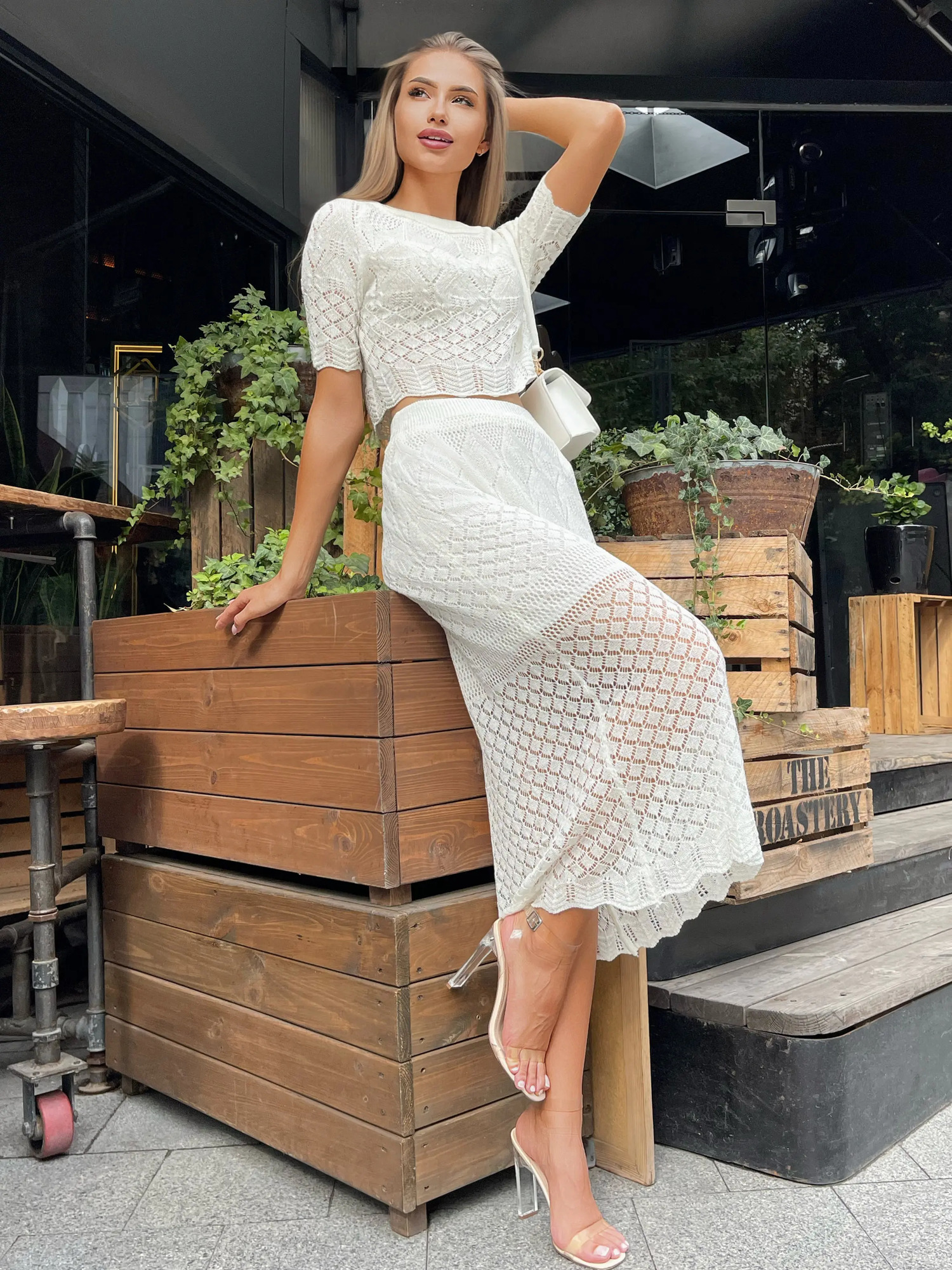 Knitted Summer Two Piece Skirt Set Women Sexy Beach Knit White Short Sleeve Crop Top 2 For 20 240423