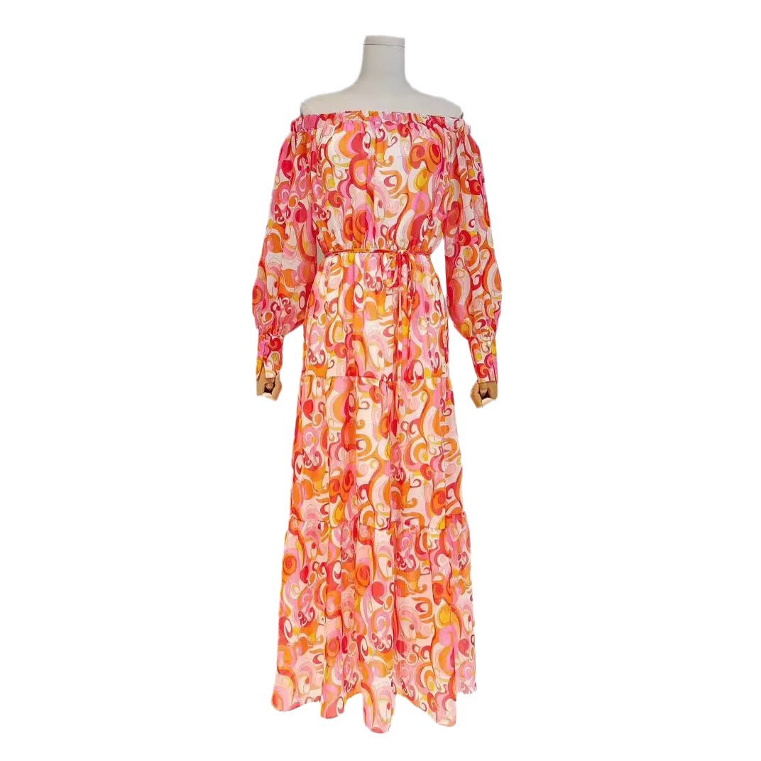 2024 Summer new one line collar long sleeved belt waist cinching print hollow out long dress