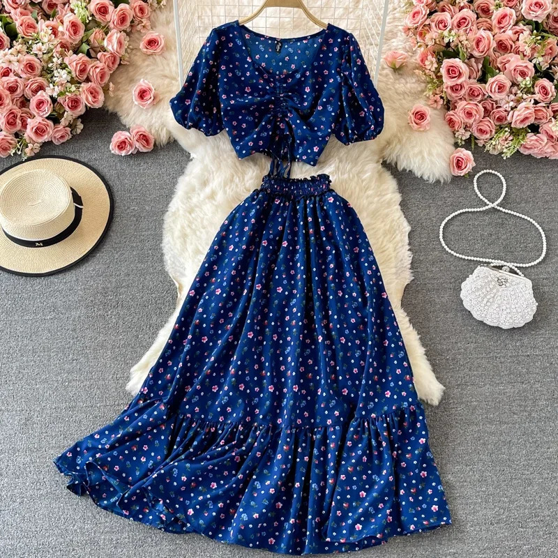 Women Summer Bohemian Chiffon Floral Set Puff Sleeve V Neck Short TopsHigh Waist Aline Maxi Skirts Two Piece Suits 240423