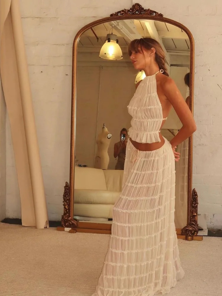 Elegant Lace Up Women Two Piece Sets Sexy Backless Hang Neck Sling Top Loose Fold Beach Dresses Summer Chic Lady Skirts Set 240423