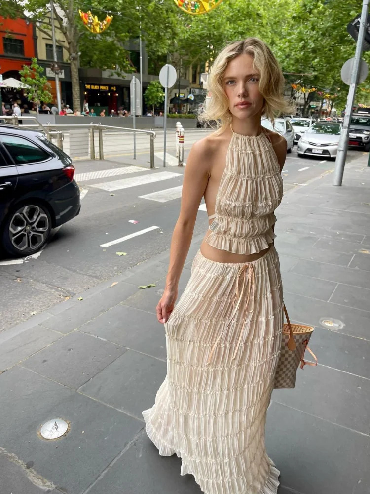 Elegant Lace Up Women Two Piece Sets Sexy Backless Hang Neck Sling Top Loose Fold Beach Dresses Summer Chic Lady Skirts Set 240423