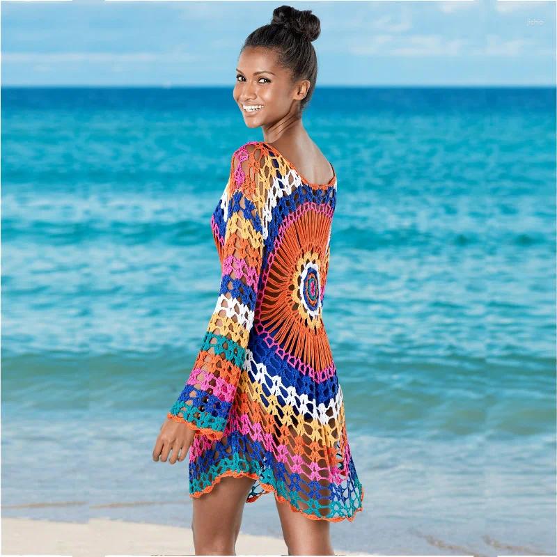 Rainbow Bikini Swimsuit Cover Ups Crochet Knit High Quality Solid Hollow Beachwear Summer Beach Dress See-through Sunscreen
