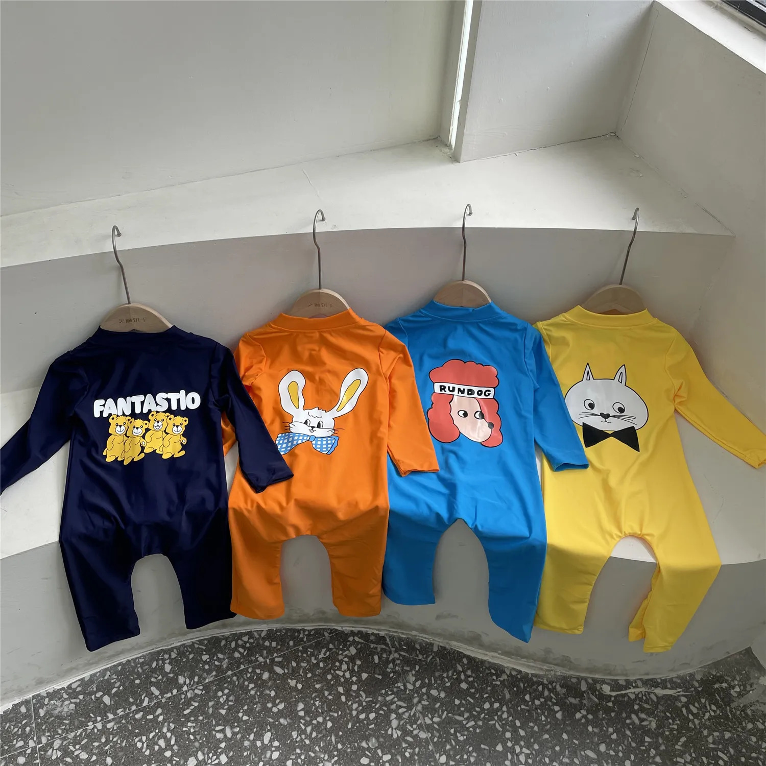 2024 Summer Children Girl Swimsuit Cotton Cartoon Rabbit Cat Toddler Girls Jumpsuit Solid Long Sleeve Baby Girls Drying Swimsuit 240430