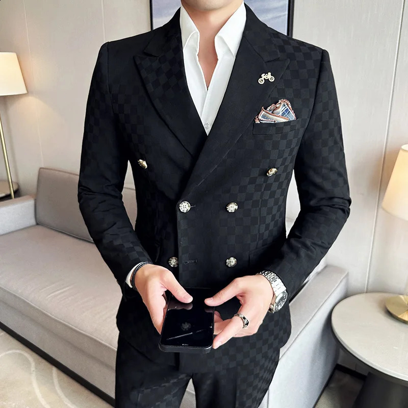JacketPants 2 Pieces Blue Apricot Business Party Men Suits Double Breasted Formal Style Custom Made Wedding Groom Tuxedos 240430