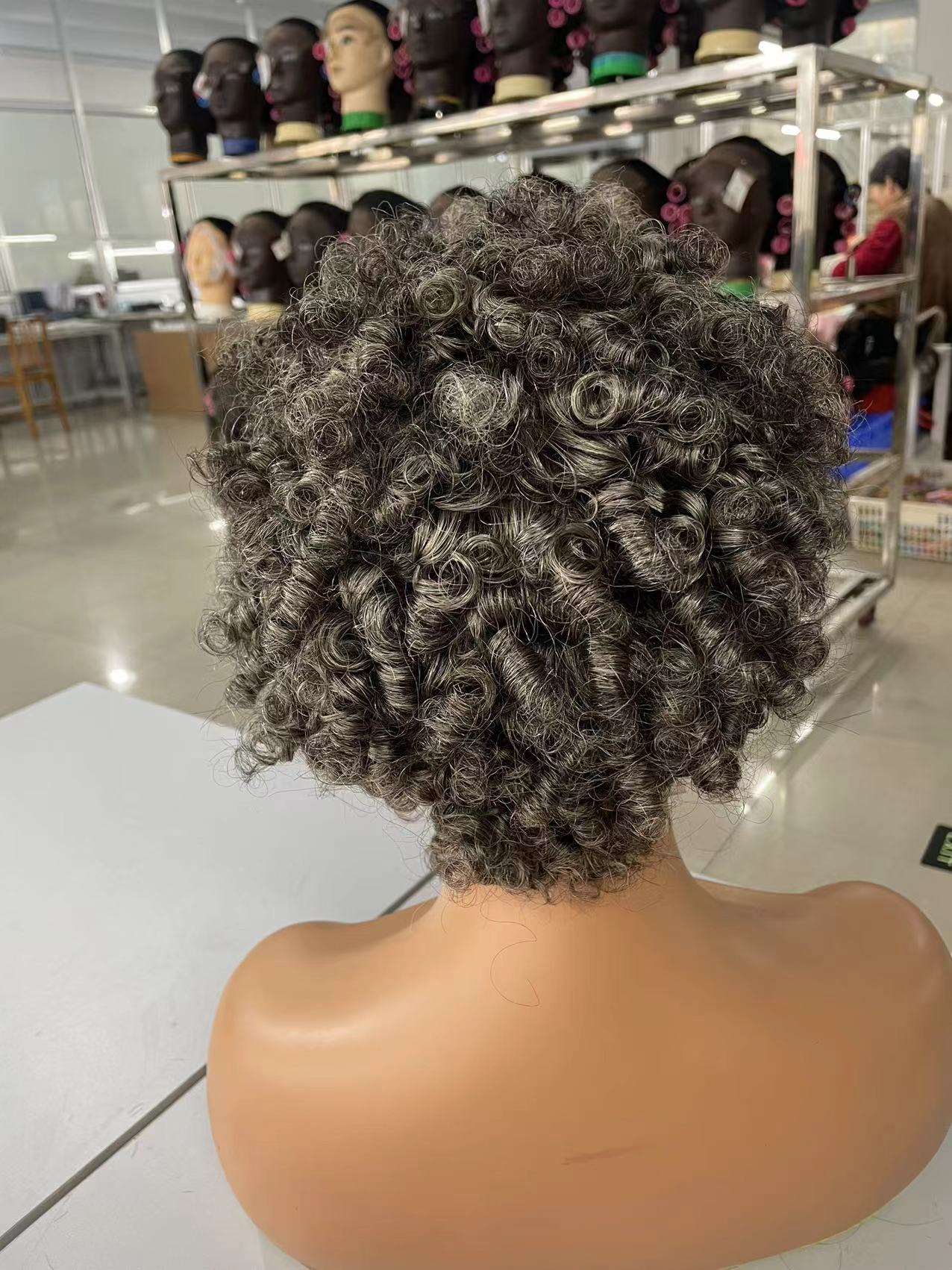 Salt & pepper short gray silver glueless kinky curly wigs pixie bob human hair wigs for black women machine made no lace breathable real natural grey