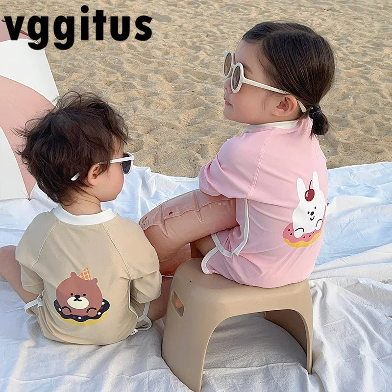 Korean Style Children Girls Boys Swimsuit One Piece Long Sleeve Sunscreen Swimwear Infant Swimming Clothing H3900 240430