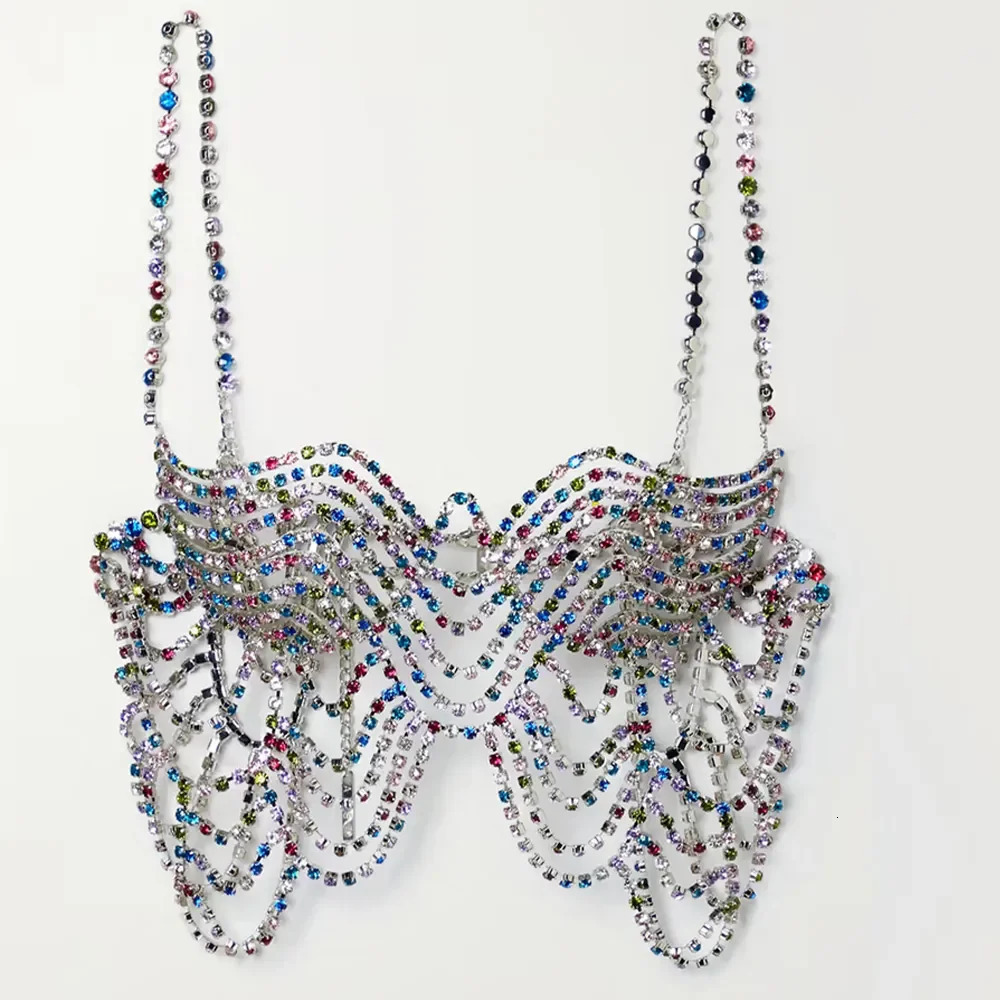 XSBODY Romantic Colorful Tops Rhinestone Bra Sexy Lingerie Clothing Women Crystal Body Bralette Chest Chain Bikini Jewelry Gift 240423