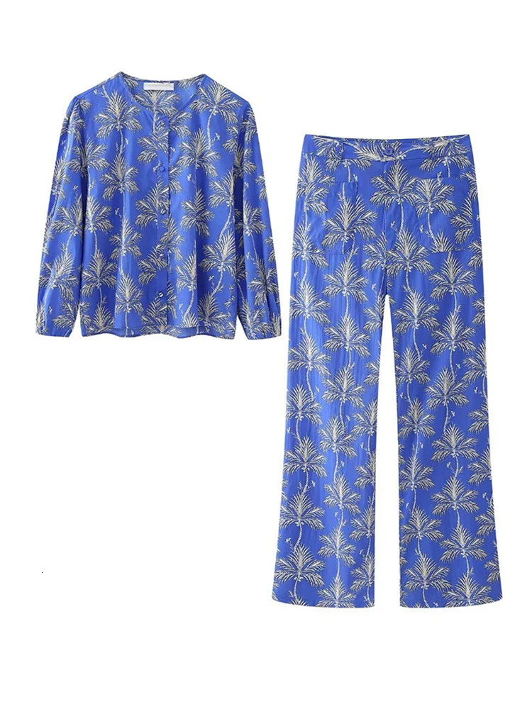 Fashion Suit Women est Temperament Joker Exquisite Printed Round Neck Shirt JacketPocket Decoration Female Pants Suit 240504