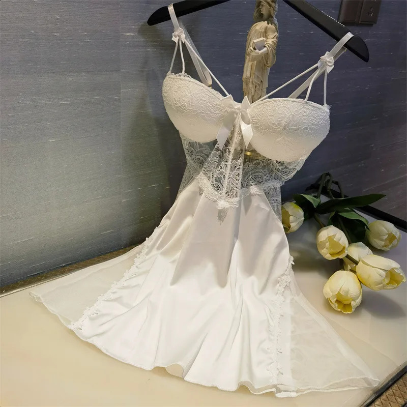 Sexy Chemistry Nightown Summer Womens Pajamas Evening Dress Terrace Lace Hollow Hanging Evening Dress Silk Satin Home Fury 240425