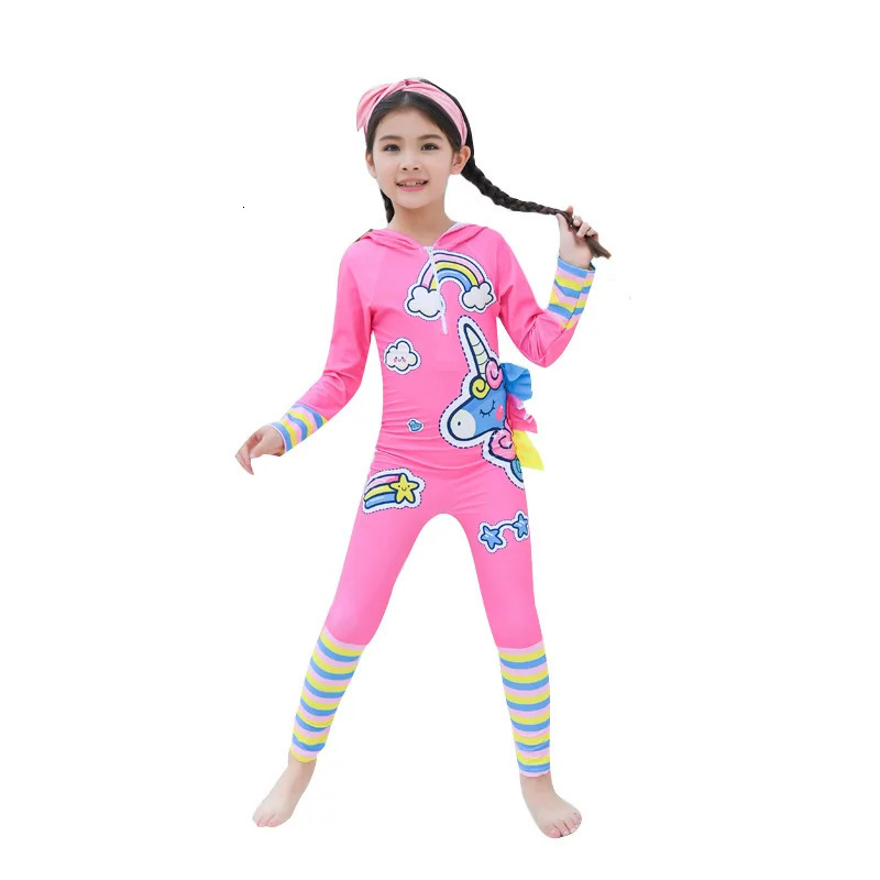 UPF 50 Full Rash Guard for Kids with Hood Long Sleeve Cartoon Print One Piece Swimsuit Children Beach Surf Suit Boys Girls 240430