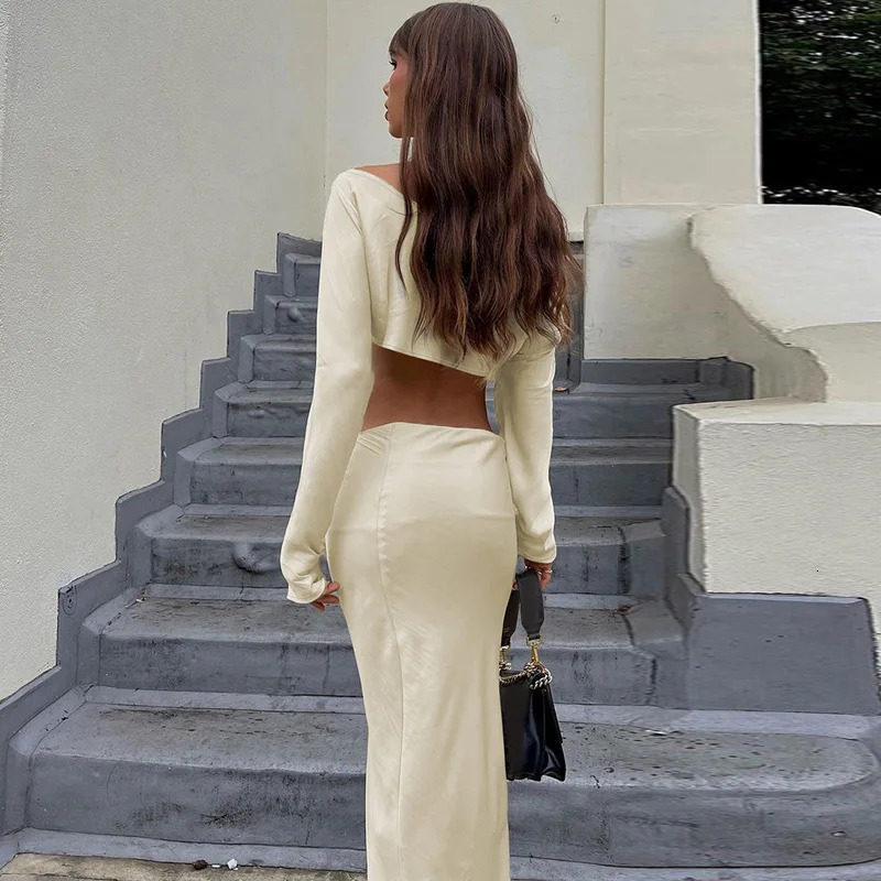 Jocoo Jolee Long Sleeve Midi Dress Sets Women 2 Piece Outfits Off Shoulder Top Bodycon Satin Two Set 240423