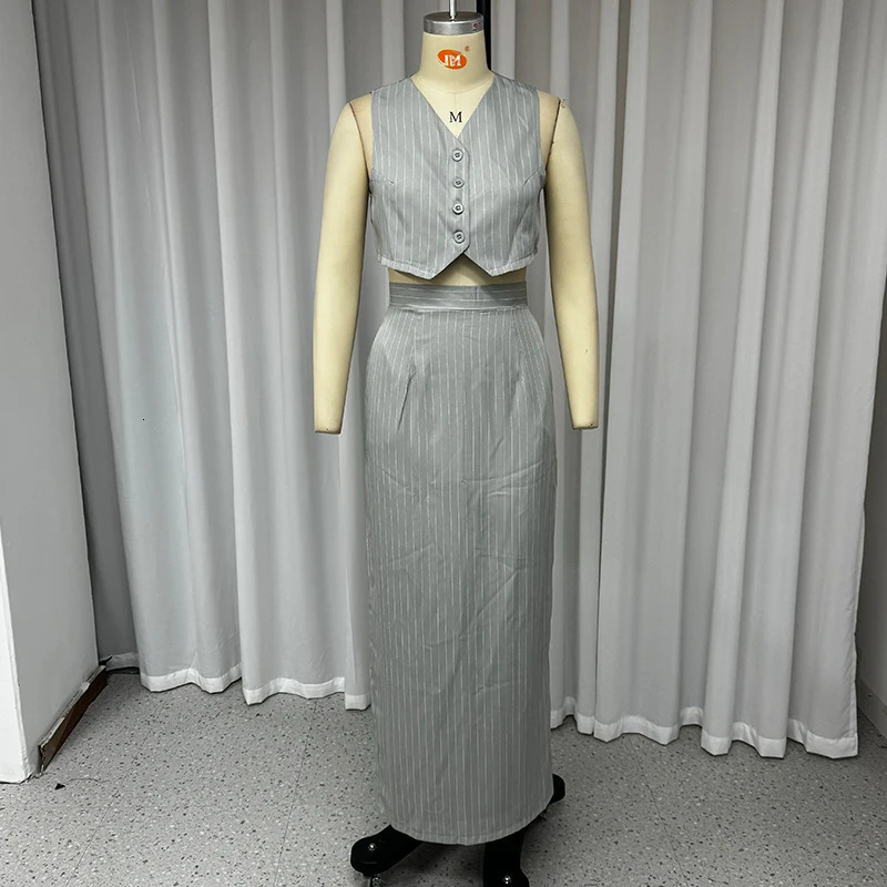 Wefads Two Piece Set Women Office Elegant Simple Striped Printed Sleeveless Single Breasted Button VestTop A Line Skirt Sets 240423