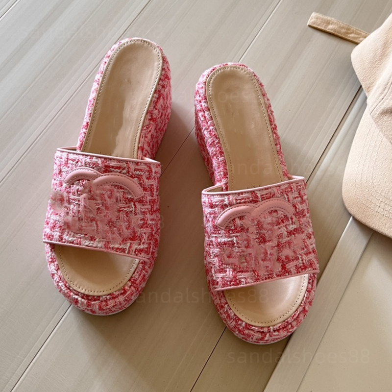 with box cc sandals Wedges Sandals Ladies Platform Wedge Sandles for Women Designer Slides Sandal Tweed Chunky Block Heels wedge Flip Flips Slippers Slip on 34a