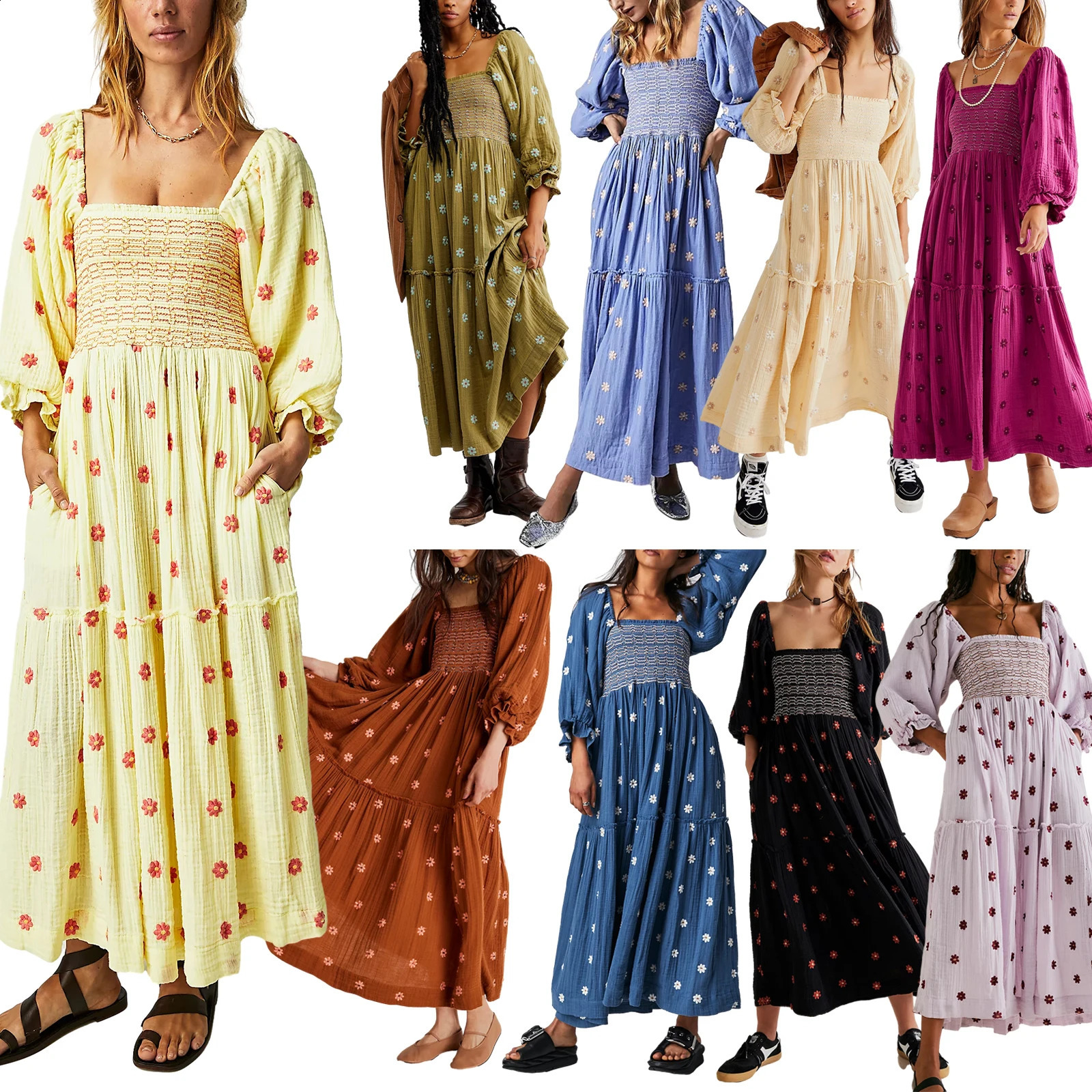 Womens Flower Embroidered Long Dress Bodycon Lantern Sleeve Square Neck Tiered Flowy Dress Bohemian Summer Beachwear Dresses 240429