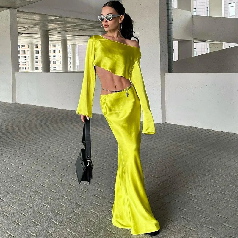 Jocoo Jolee Long Sleeve Midi Dress Sets Women 2 Piece Outfits Off Shoulder Top Bodycon Satin Two Set 240423