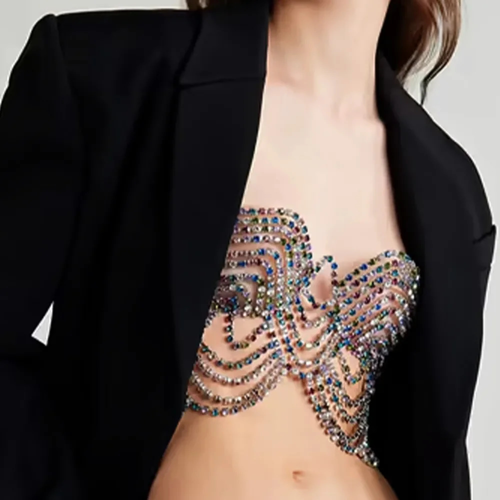 XSBODY Romantic Colorful Tops Rhinestone Bra Sexy Lingerie Clothing Women Crystal Body Bralette Chest Chain Bikini Jewelry Gift 240423