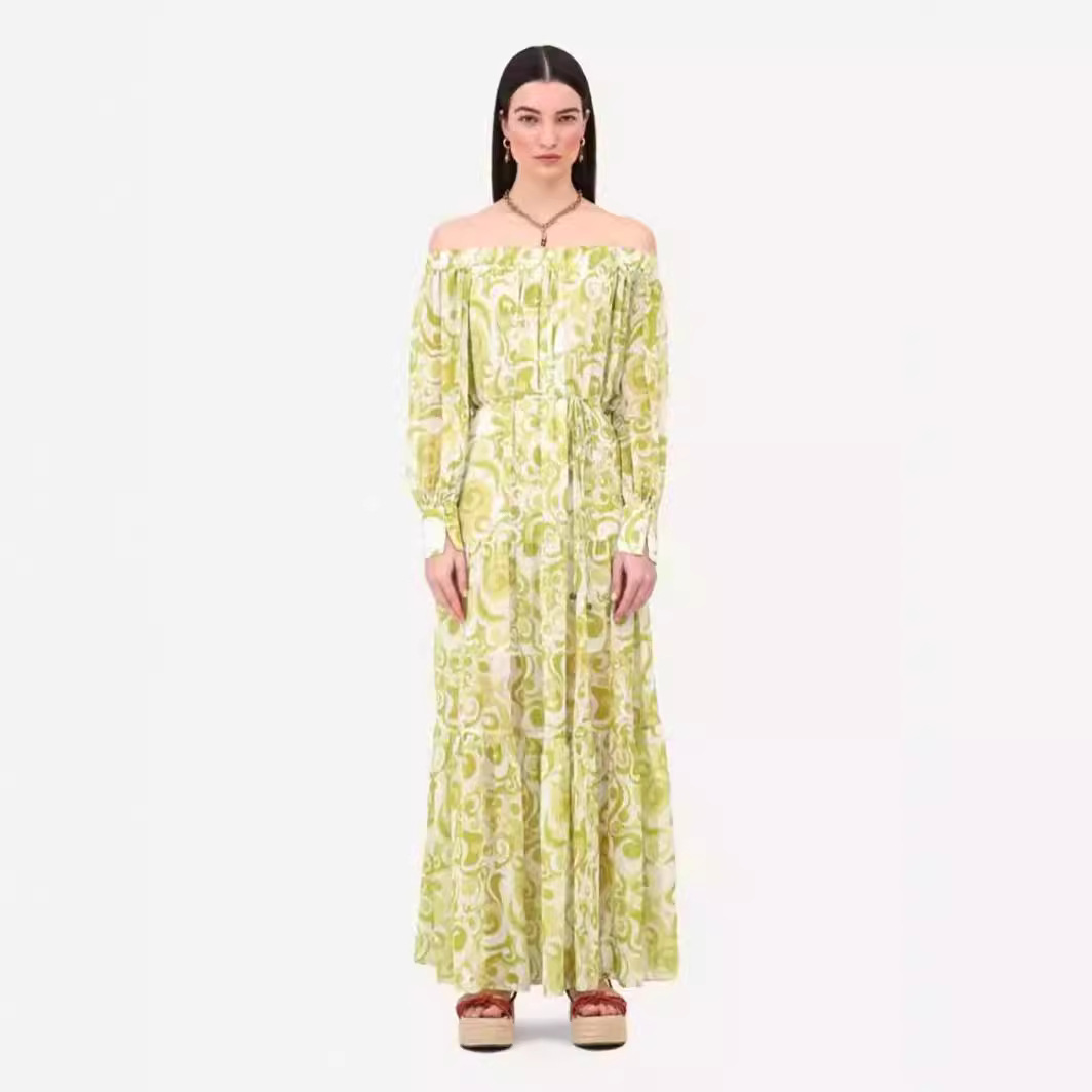 2024 Summer new one line collar long sleeved belt waist cinching print hollow out long dress