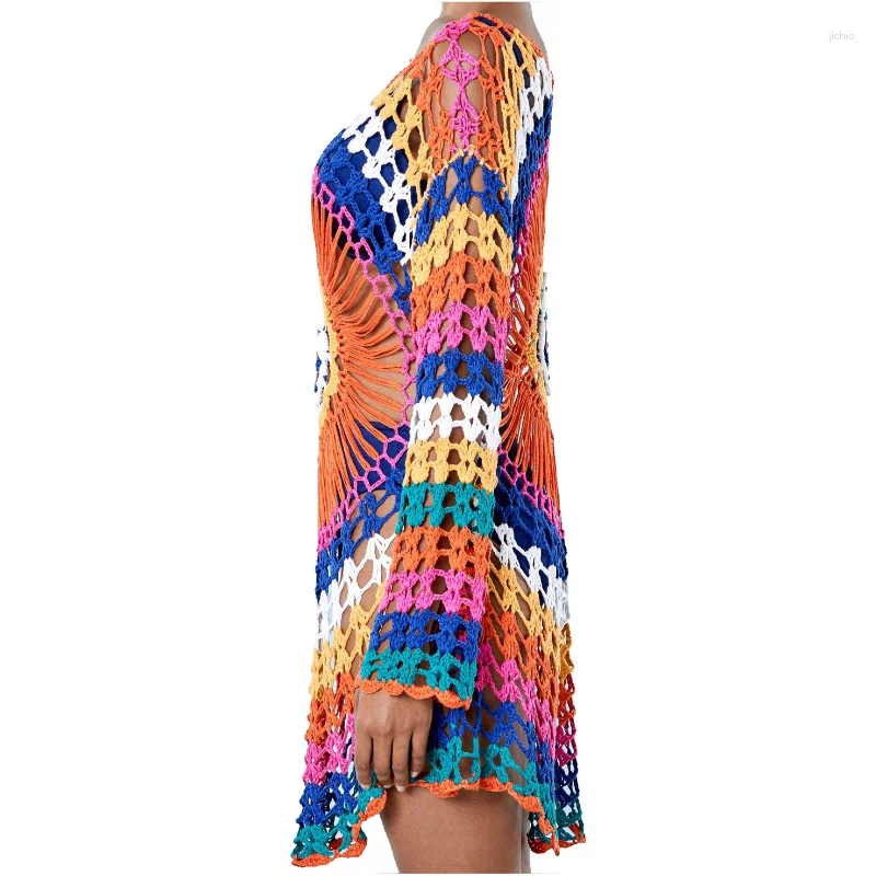 Rainbow Bikini Swimsuit Cover Ups Crochet Knit High Quality Solid Hollow Beachwear Summer Beach Dress See-through Sunscreen