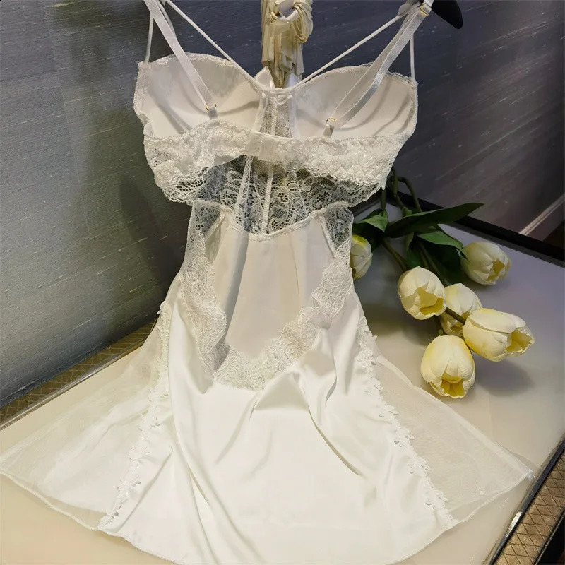 Sexy Chemistry Nightown Summer Womens Pajamas Evening Dress Terrace Lace Hollow Hanging Evening Dress Silk Satin Home Fury 240425