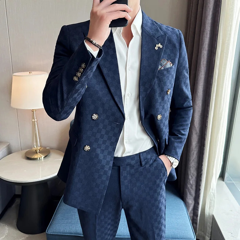 JacketPants 2 Pieces Blue Apricot Business Party Men Suits Double Breasted Formal Style Custom Made Wedding Groom Tuxedos 240430