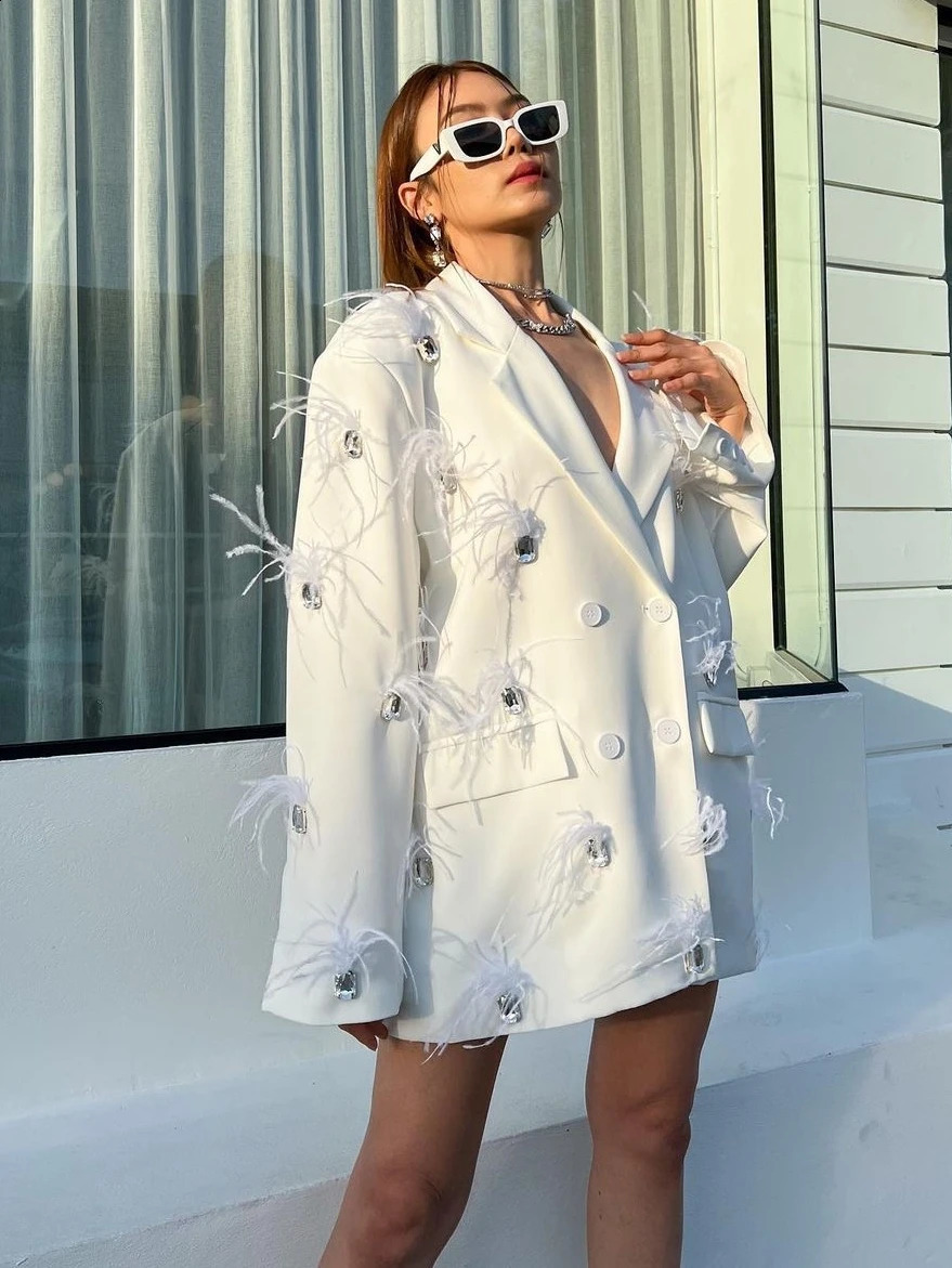Spring Autumn Womens Blazer Coat French Style Suit Jacket Rhinestone Stitching Feather Double Breasted Loose Suit Jacket 240424