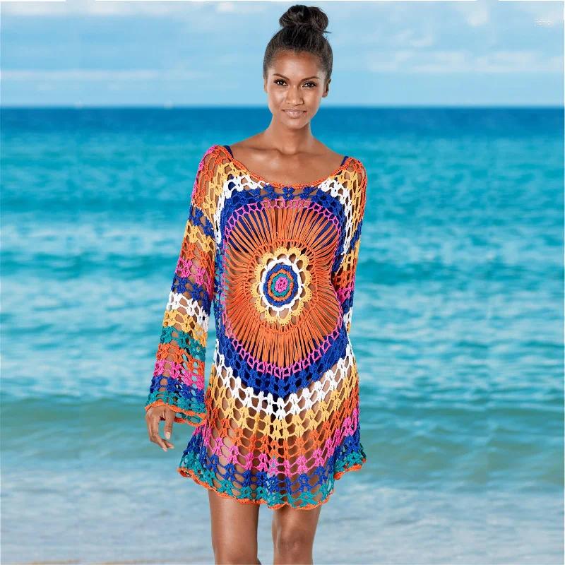 Rainbow Bikini Swimsuit Cover Ups Crochet Knit High Quality Solid Hollow Beachwear Summer Beach Dress See-through Sunscreen