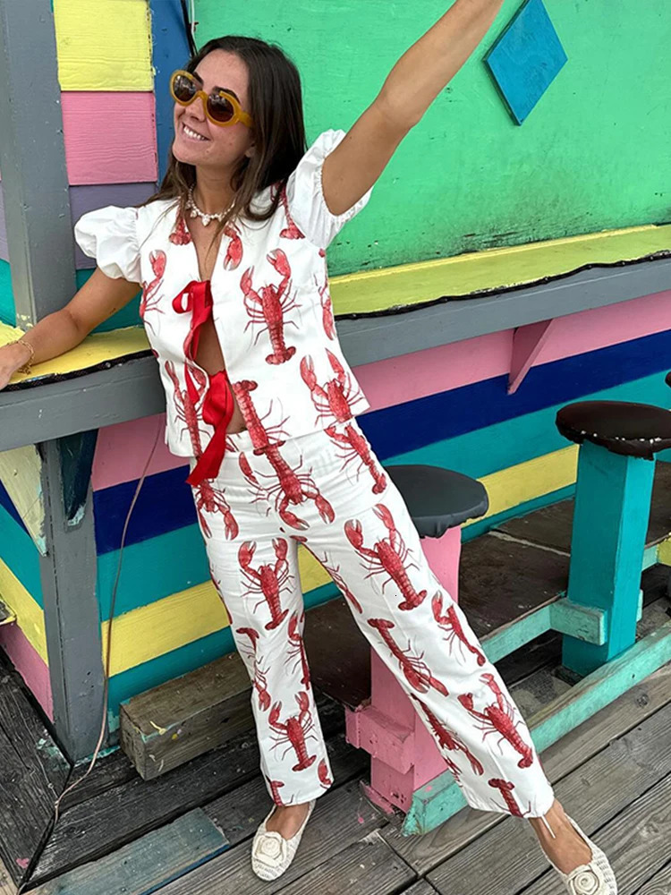 Printed Lobster Women Shirts Suits Lace Up Short Sleeve Top High Waist Wide Leg Pant Set Summer Street Print Lady Outfits 240504