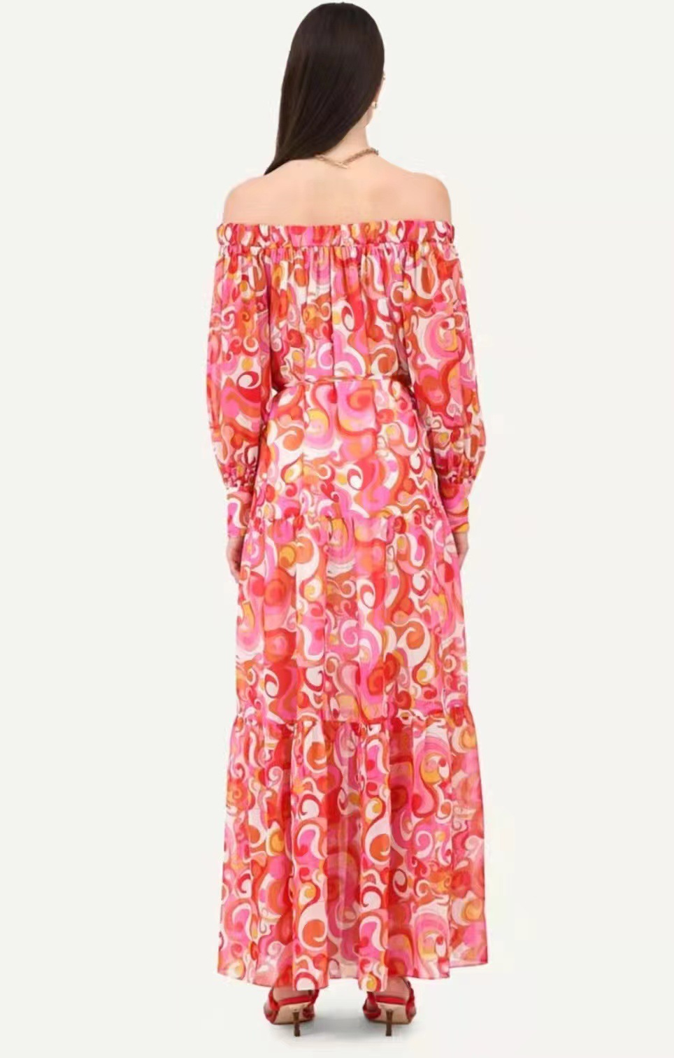 2024 Summer new one line collar long sleeved belt waist cinching print hollow out long dress
