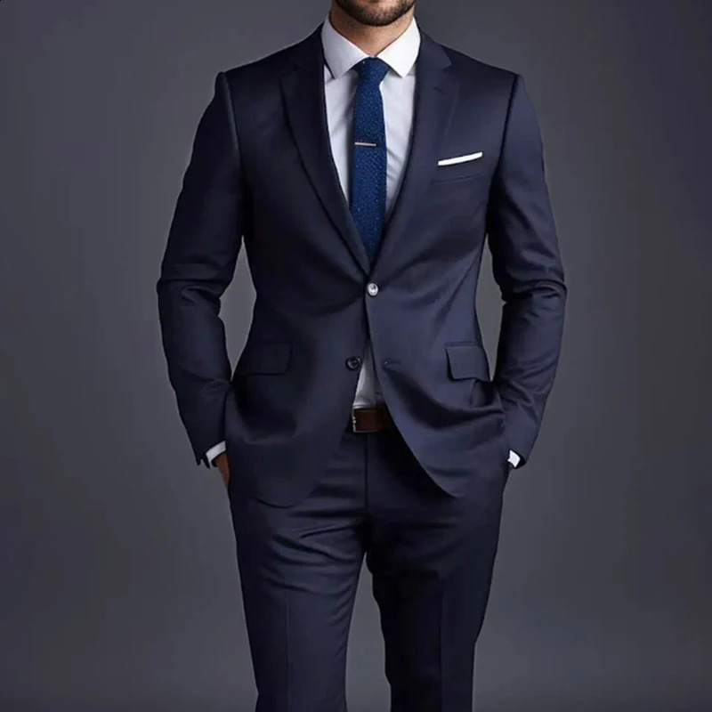 Navy Blue Solid Men Suits Fashion Notch Lapel Single Breasted 2 Piece JacketPants Business Casual Office Daily Suit Clothing 240430