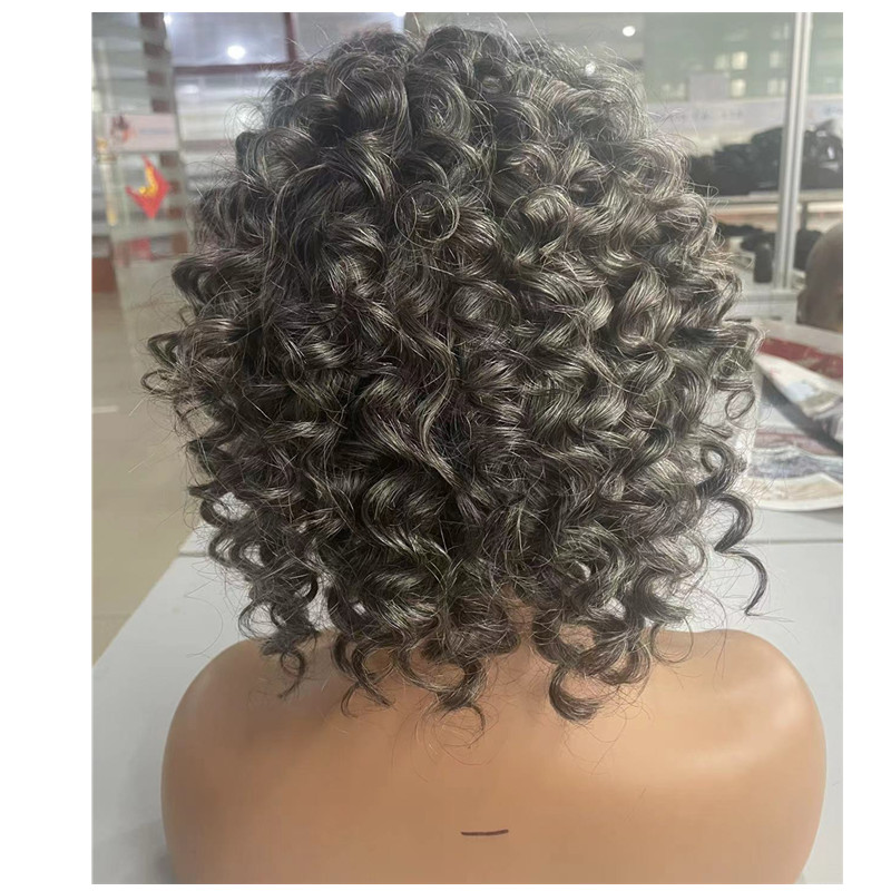 Salt and pepper curly bob Gray wigs human hair grey lace front wig