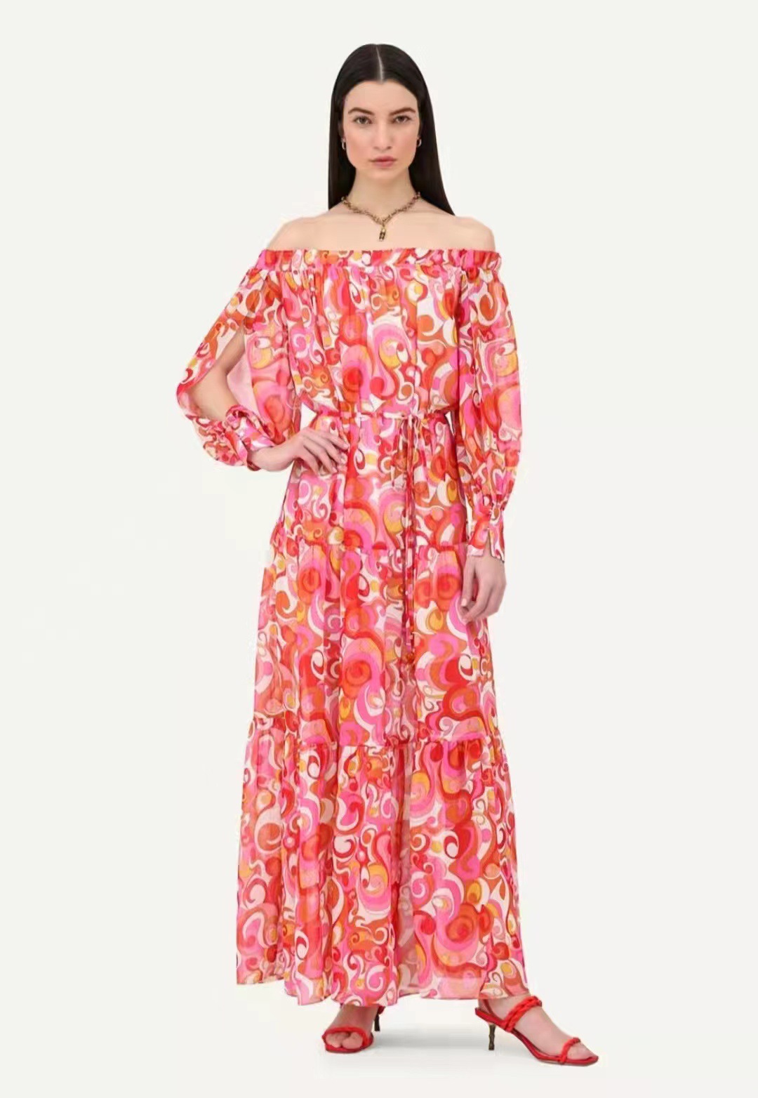 2024 Summer new one line collar long sleeved belt waist cinching print hollow out long dress