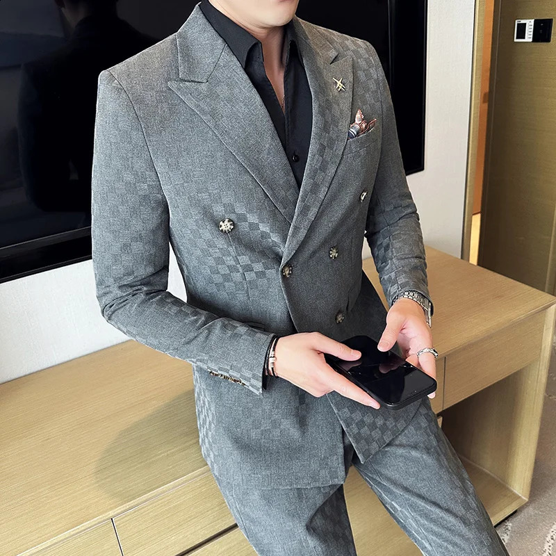 JacketPants 2 Pieces Blue Apricot Business Party Men Suits Double Breasted Formal Style Custom Made Wedding Groom Tuxedos 240430