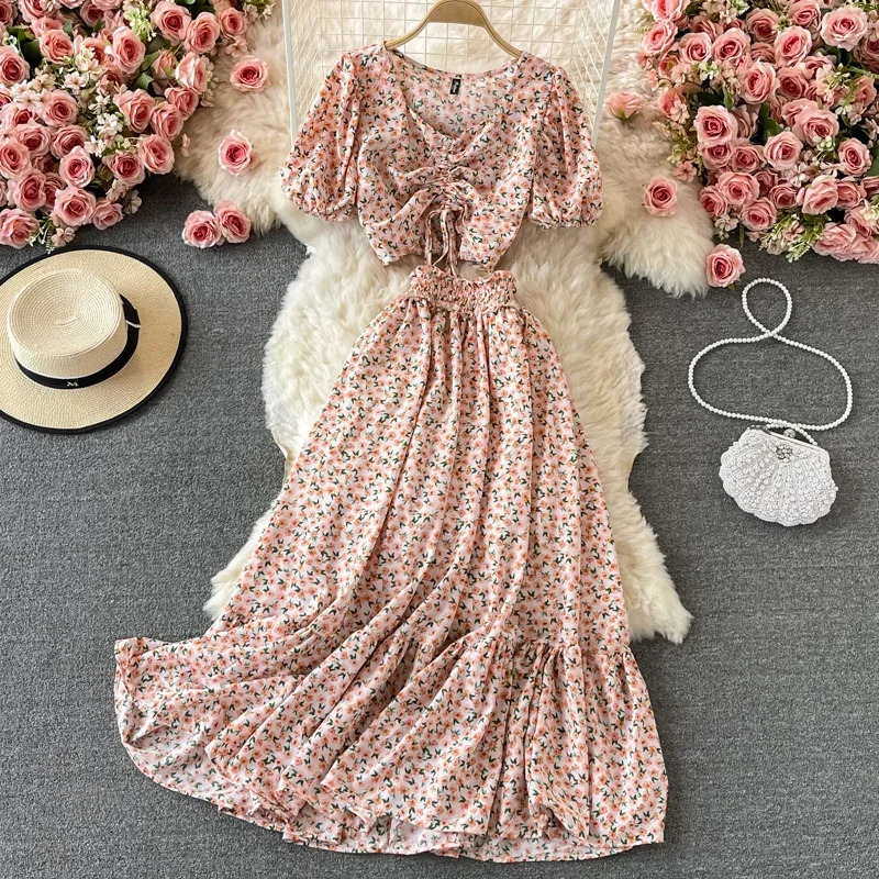 Women Summer Bohemian Chiffon Floral Set Puff Sleeve V Neck Short TopsHigh Waist Aline Maxi Skirts Two Piece Suits 240423