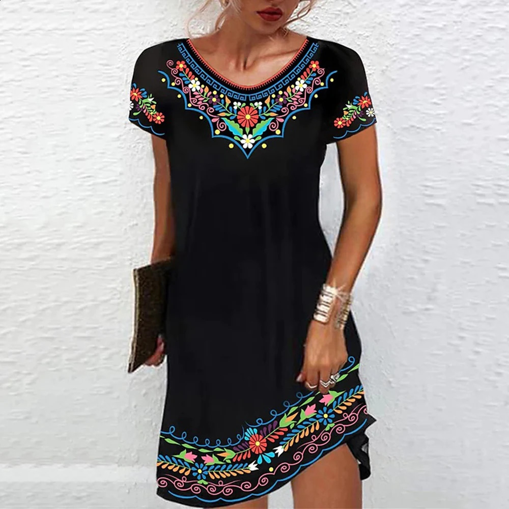 M3XL Vintage Elegant Ethnic Dress for Women 2023 Summer Loose Bohemian Beach Midi Casual Female Clothing Pullover Skirt 240416