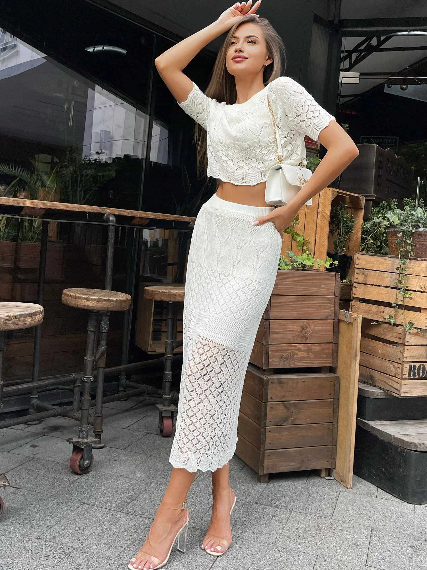 Knitted Summer Two Piece Skirt Set Women Sexy Beach Knit White Short Sleeve Crop Top 2 For 20 240423