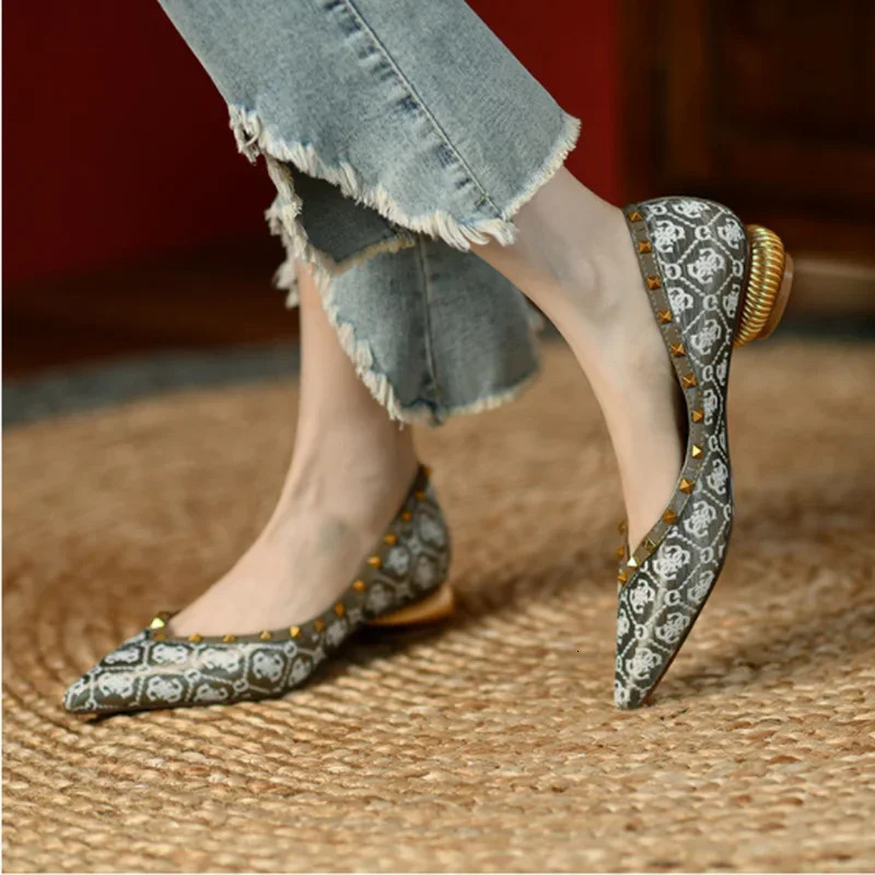 Etro Women Shoes 2024 Spring Pointed Rivet Single Shoes French Personality Heel Womens Shoes Comfortable Casual Shoe 240426