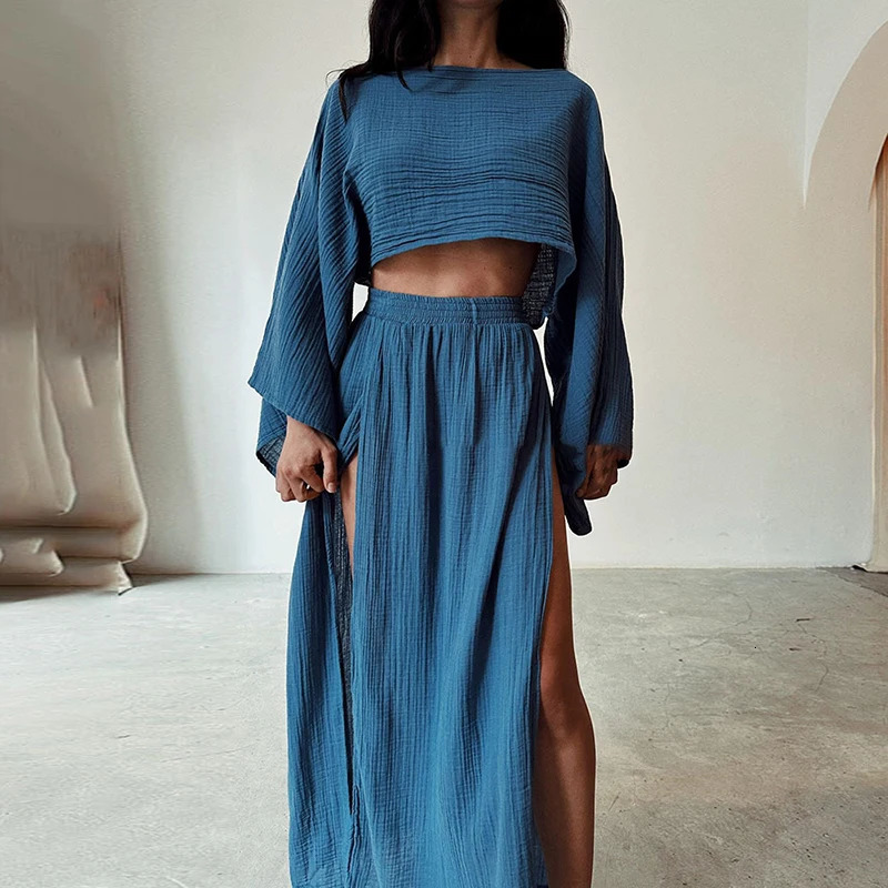 Chic Cotton En 2 Piece Set: Spring Crop Top & High Waist Skirt Outfit B4