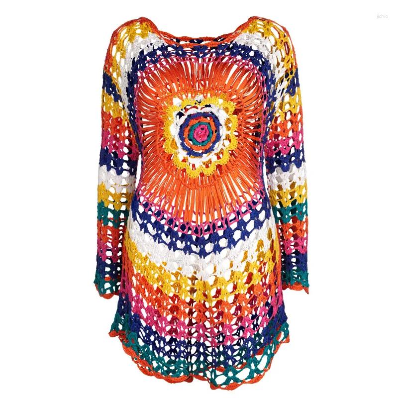 Rainbow Bikini Swimsuit Cover Ups Crochet Knit High Quality Solid Hollow Beachwear Summer Beach Dress See-through Sunscreen