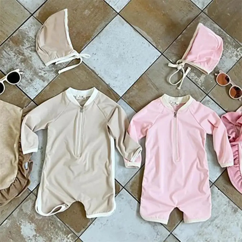 Korean Style Children Girls Boys Swimsuit One Piece Long Sleeve Sunscreen Swimwear Infant Swimming Clothing H3900 240430