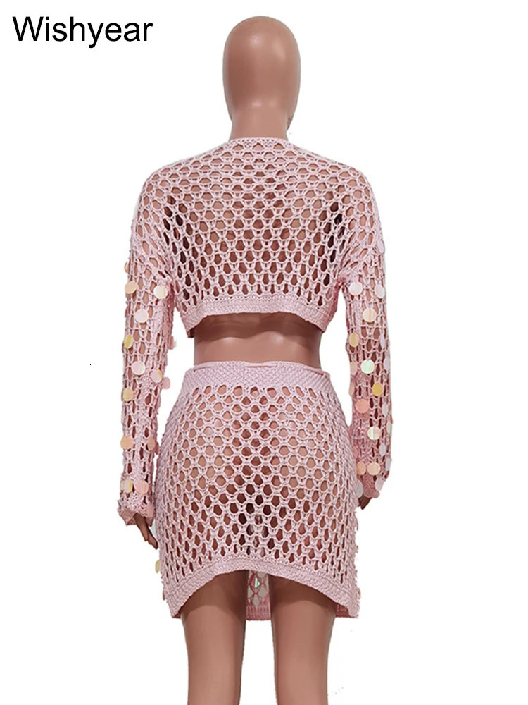 Sexy Hollow Out Beach Sequin Knitted Dress Set for Women Glitter CoverUp Tops and Mini Skirt 2 TwoPiece Night Club Outfits 240423