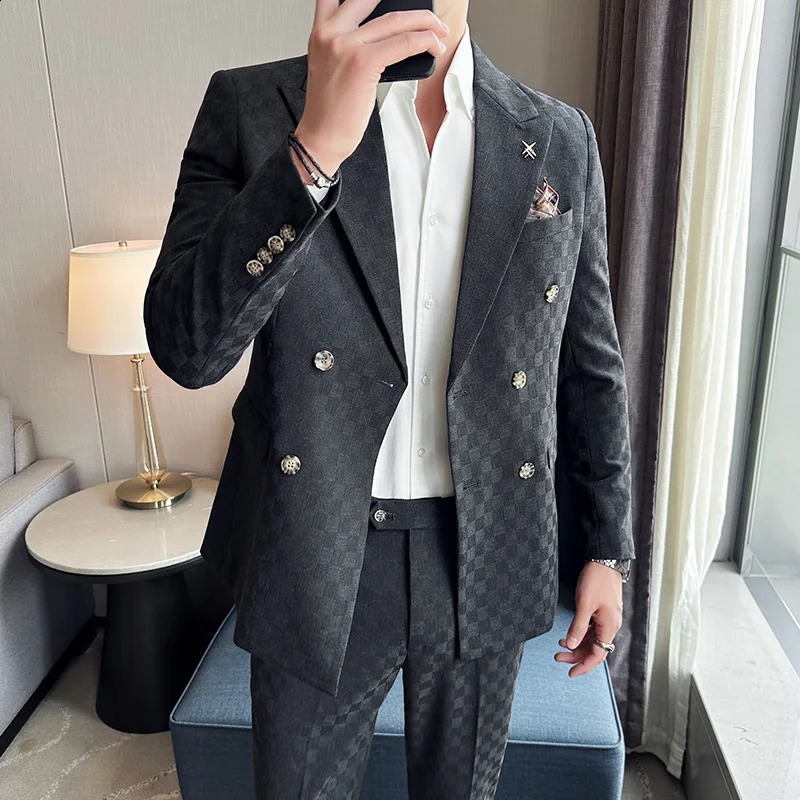 JacketPants 2 Pieces Blue Apricot Business Party Men Suits Double Breasted Formal Style Custom Made Wedding Groom Tuxedos 240430