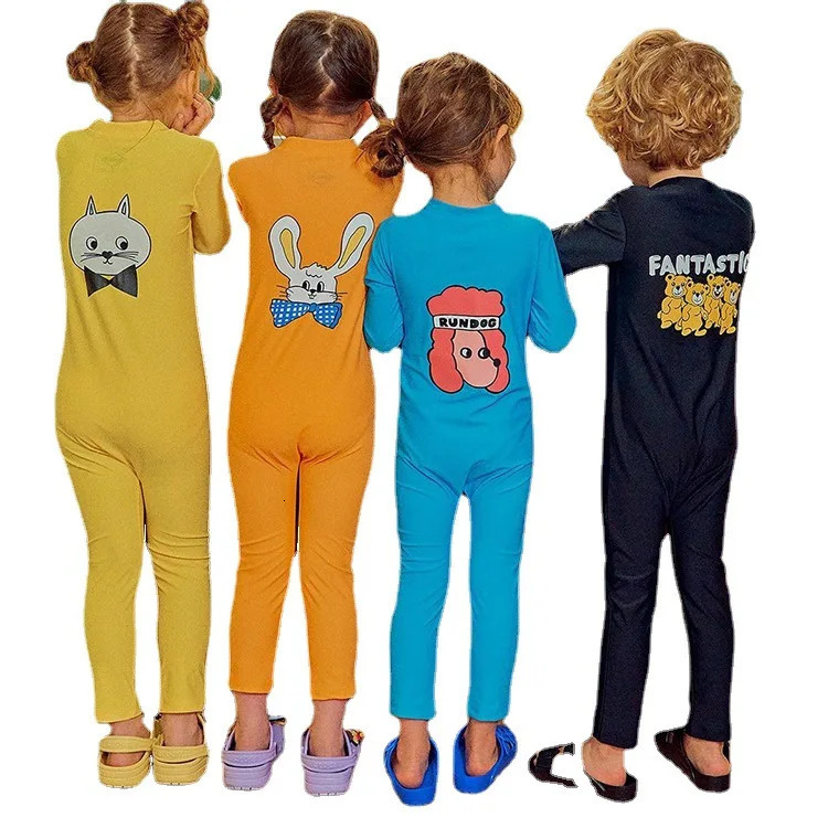 2024 Summer Children Girl Swimsuit Cotton Cartoon Rabbit Cat Toddler Girls Jumpsuit Solid Long Sleeve Baby Girls Drying Swimsuit 240430