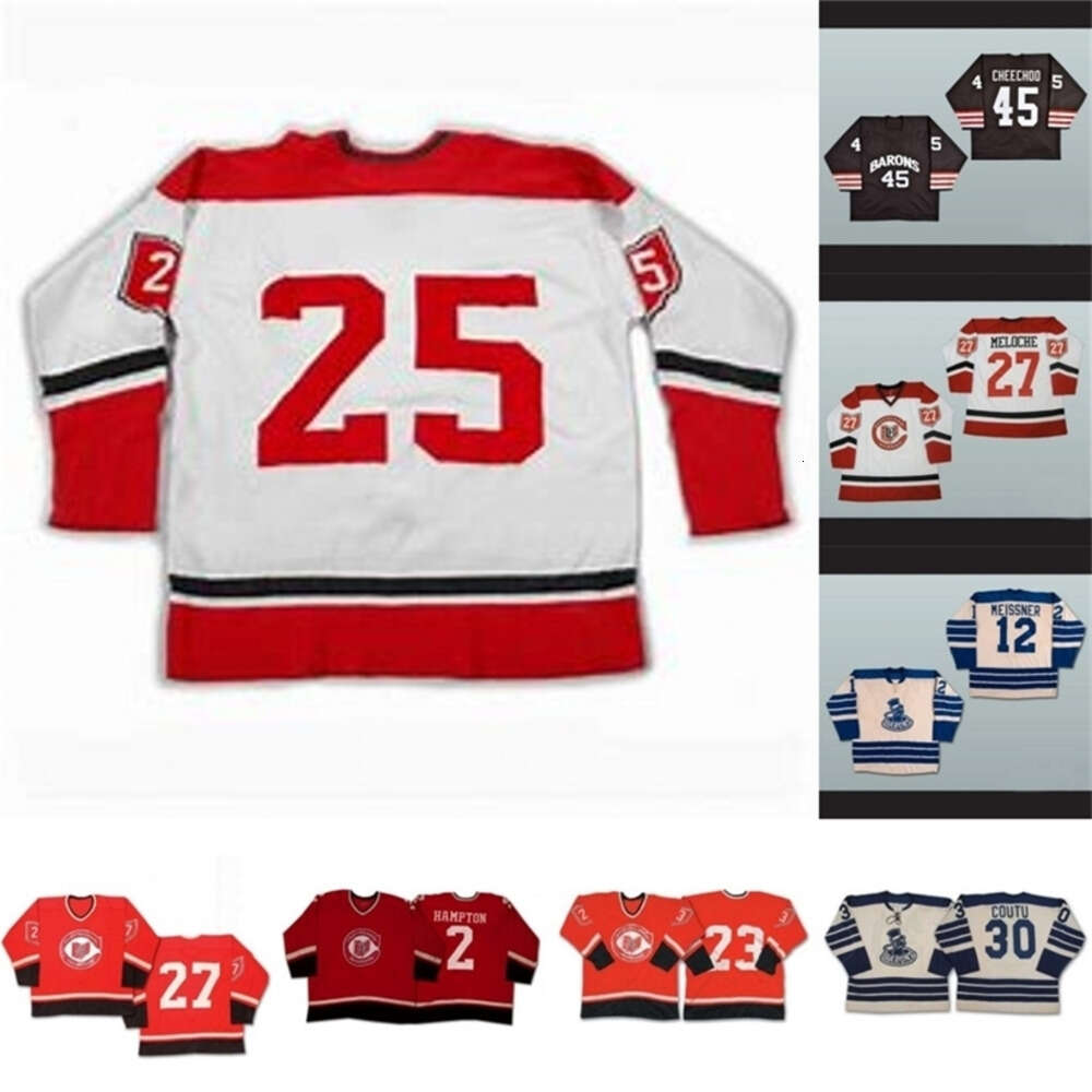 Kob Cleveland Barons 12 Barrie Meissne 45 Jonathan Cheechoo 30 Coutu 27 Gilles Meloche 2 Hampton 3 OBrien 9 Merrick 3 Gary Geldart Hockey Jersey