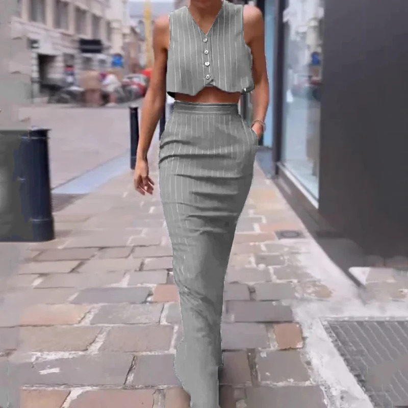Wefads Two Piece Set Women Office Elegant Simple Striped Printed Sleeveless Single Breasted Button VestTop A Line Skirt Sets 240423