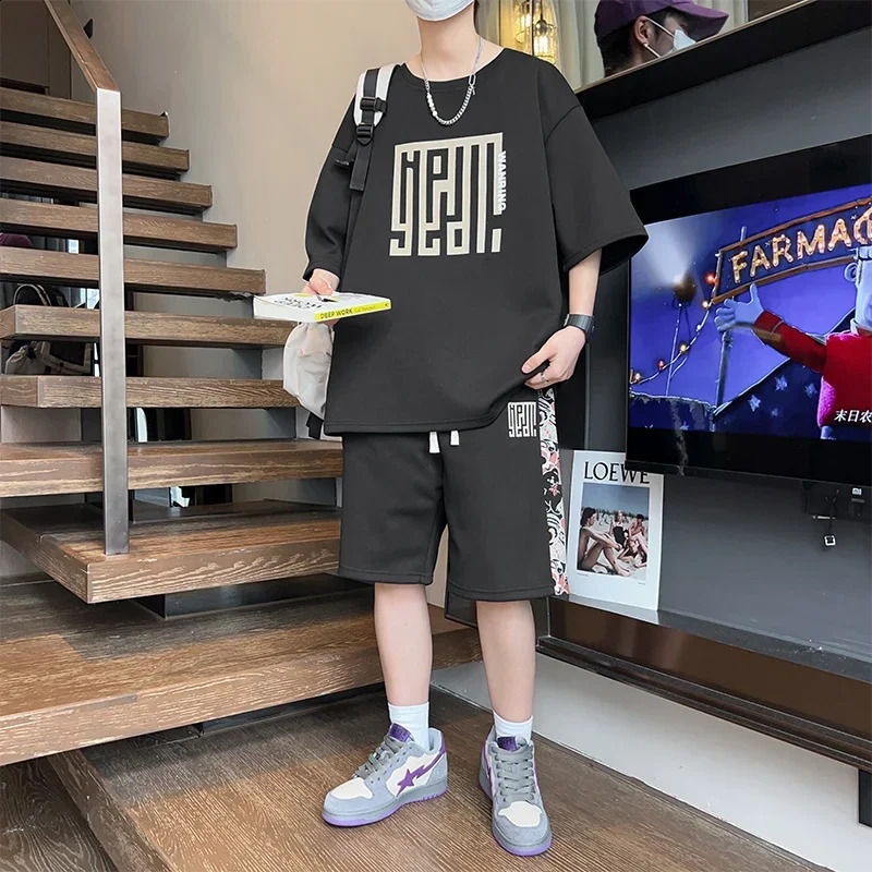 Summer Casual Two Pieces Mens Sets Fashion Pattern Short Sleeve T-Shirt and Shorts Male Sports Tracksuits Loose Streetwear 240429